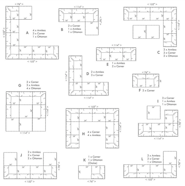 38x38 Light Grey Modular Sectional