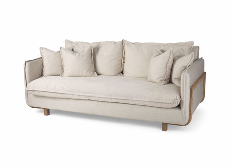 84" Beige Sofa W/ Natural Wood Trim